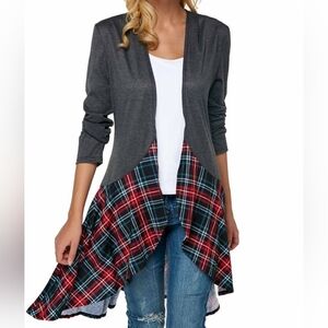 Reborn Women's Gray & Plaid Open Stretch Long Sleeve Cardigan Duster Top XL New